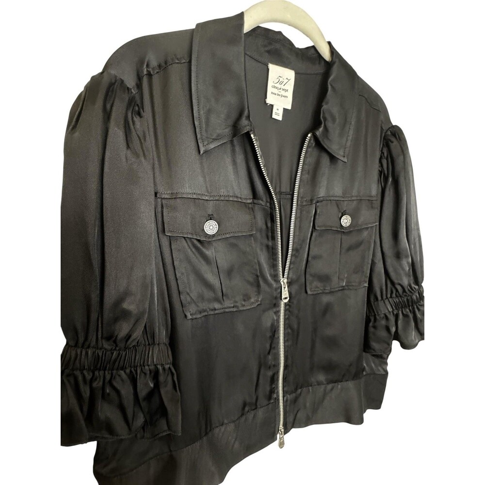 Cinq A Sept Holly Ruffle Sleeve Jacket Medium Black Cupro Puff Zip Front - Picture 4 of 8